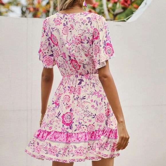 Button up boho gypsy floral print mini dress pink - Picture 2 of 12